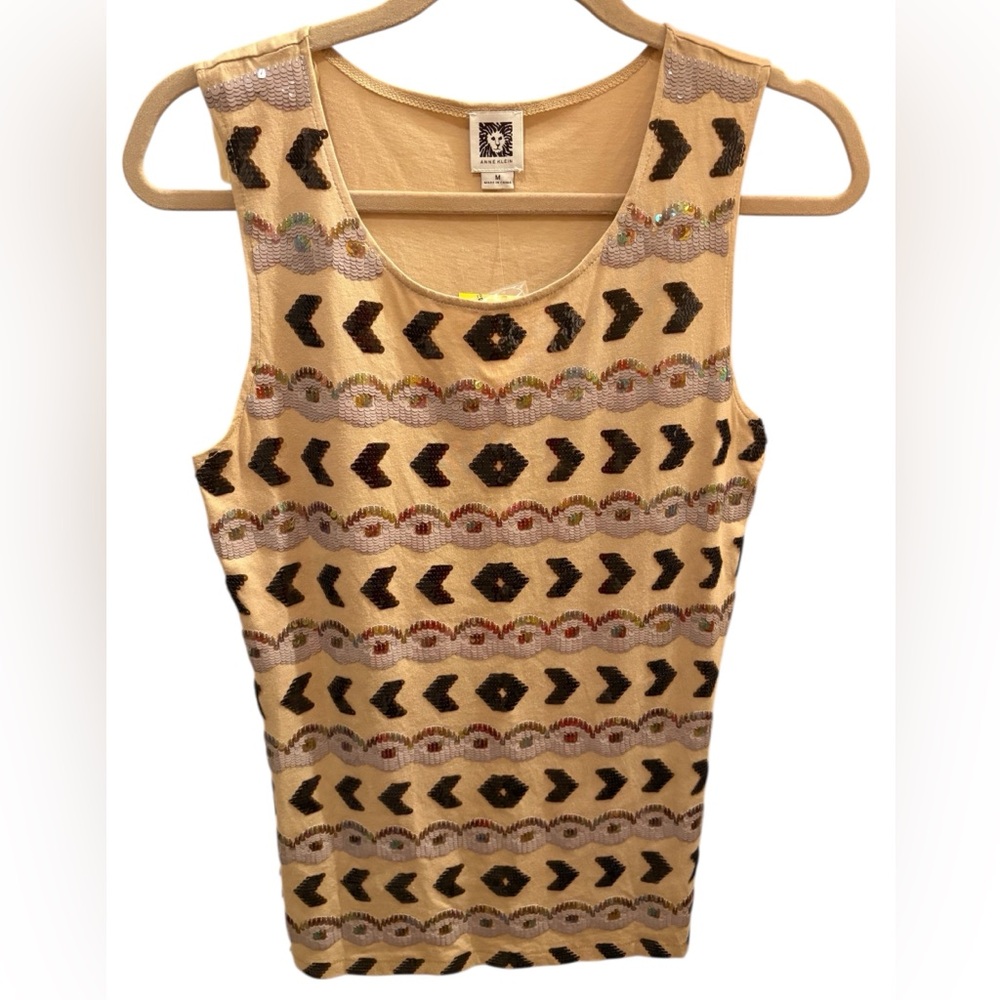 NWT Anne Klein Geometric Sequin Tank Top Beige Women’s Medium